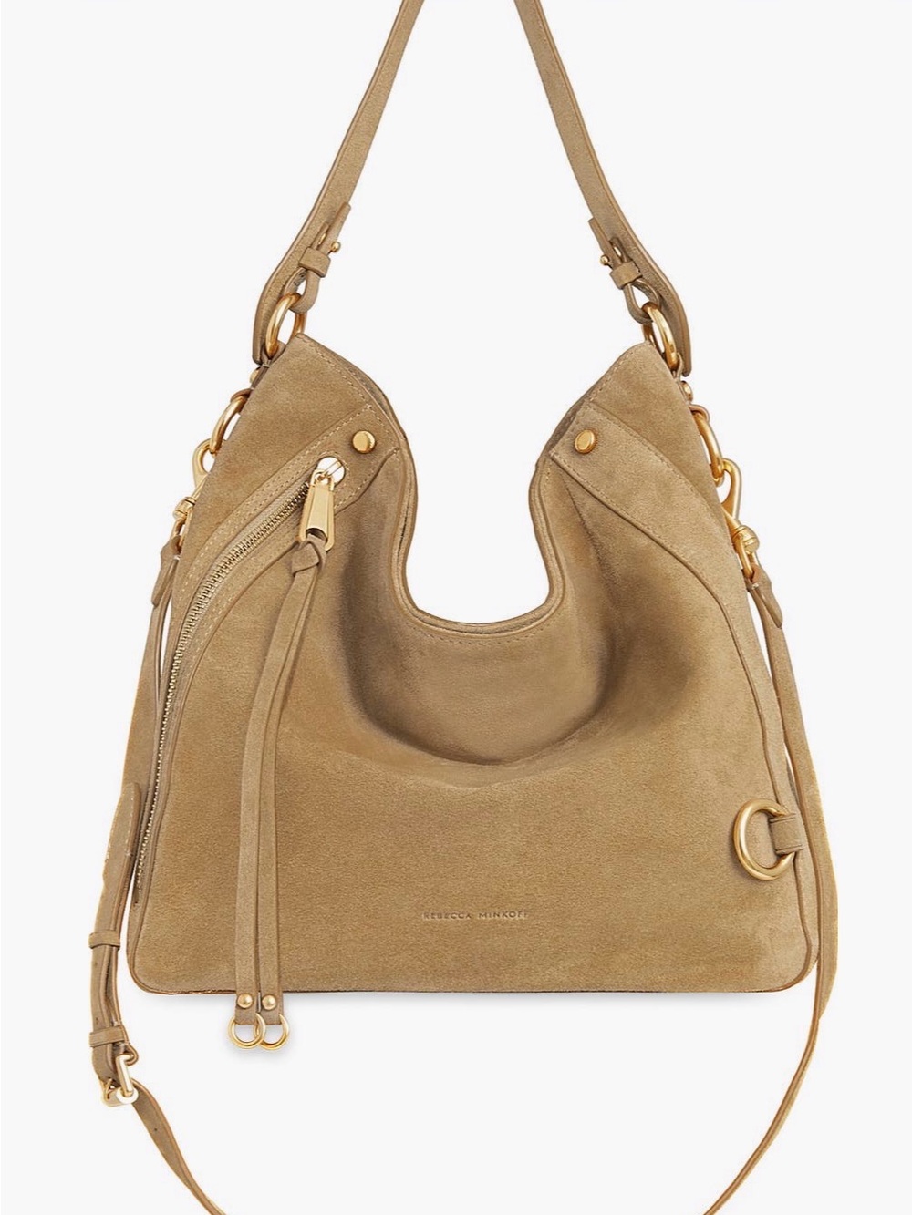 Rebecca Minkoff Tan Suede Shoulder Hobo Bag with Gold Hardware